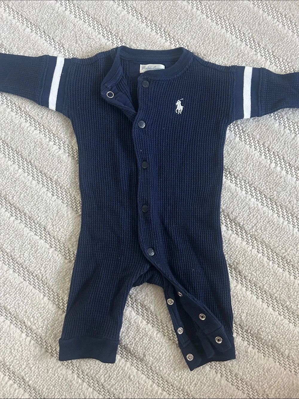Ralph Lauren Navy Waffle-Knit Baby One-Piece with White Stripes